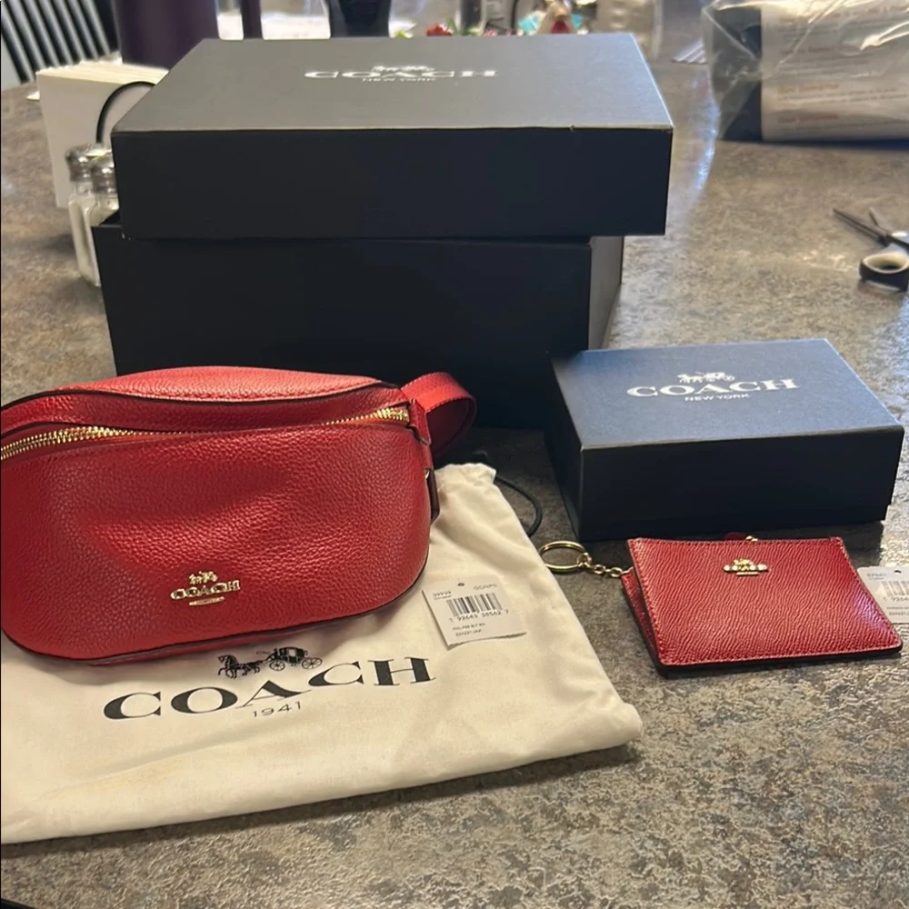Coach Red Pebbled Leather Crossbody Belt Bag with Matching Card Case